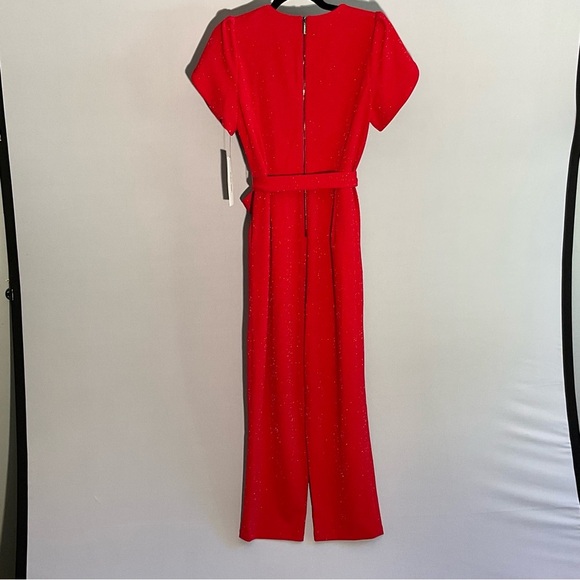 Calvin Klein Sz 10 Vibrant Red Slinky, Sparkly Jumpsuit, Zippered Back, Tie Belt - Picture 5 of 16